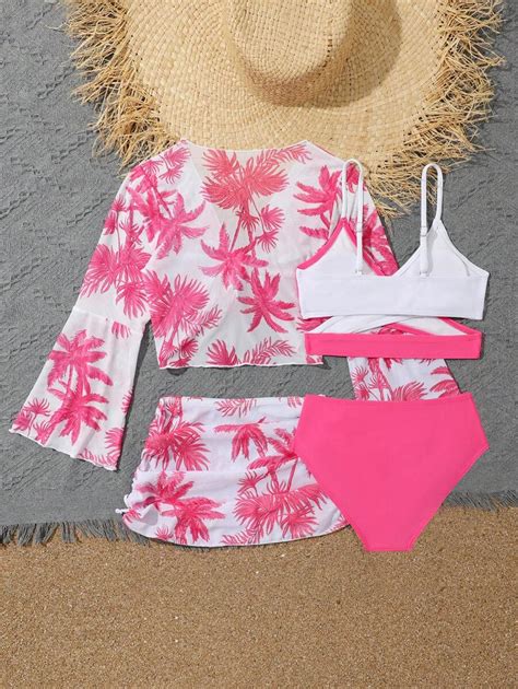 Shein Tween Girl Colorblock Bikini Set With Coconut Tree Print Cover Up Set Summer Beach Shein