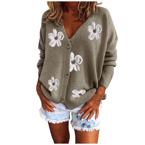 Womens Floral Embroidered Knit Cardigan Sweater Slim V Neck Long