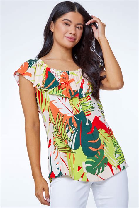 Petite Tropical Print Bardot Top In Lime Petite Uk