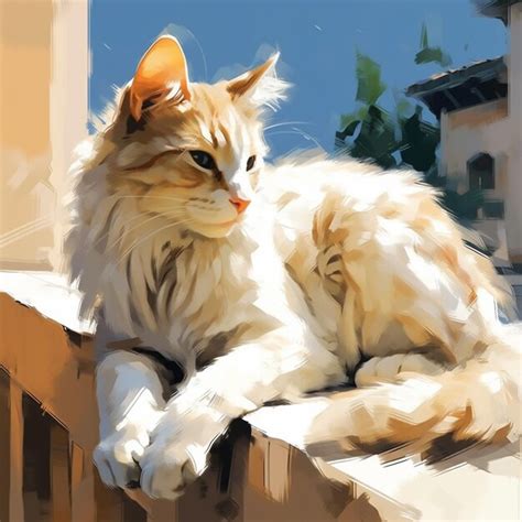 Pintura De Un Gato Sentado En Una Repisa Mirando Por Una Ventana Ai