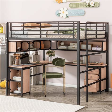 Churanty Metal Full Size Loft Bed with Desk, Full Loft Bed Frame with Storage Bookcase and ...