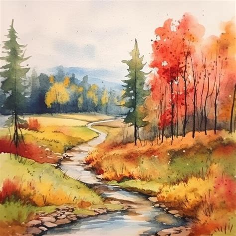 Premium AI Image | Watercolor autumn landscape watercolor painting leaf fall