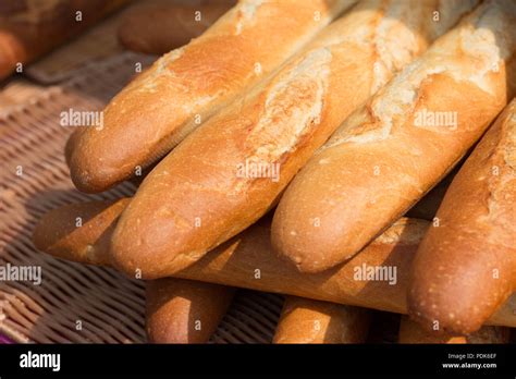 Baguettes The Famous Long And Thin French Bread Close Up Of Some