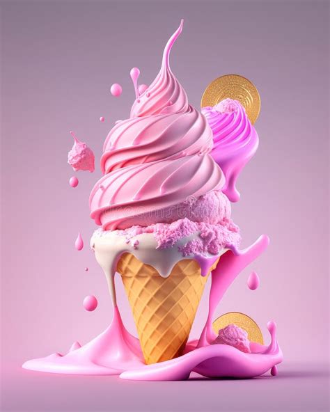 Pink Ice Cream In A Waffle Cone Close Up Generative Ai Stock