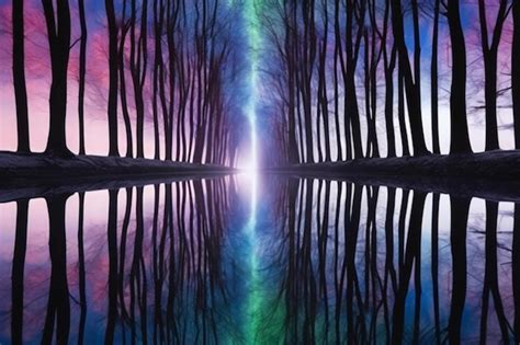 Rboles Reflejados En Un Lago En El Bosque Por La Noche Imagen