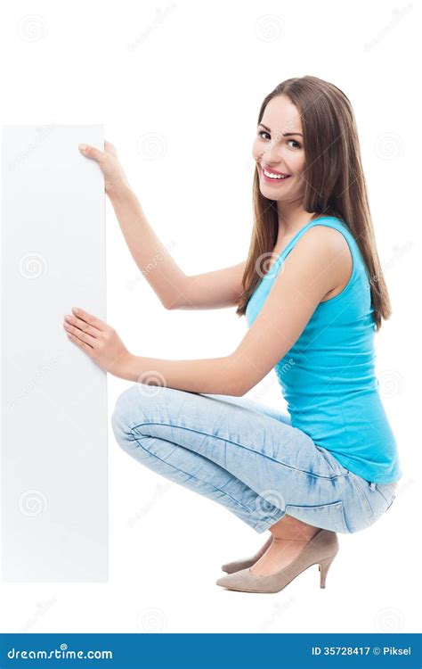 Woman Crouching By Blank Board Royalty Free Stock Photography Image