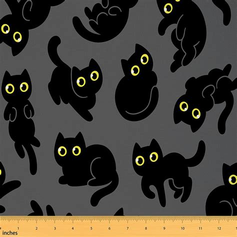 Black Cat Fabric By The Yard Cartoon Lovely Animal Polyester Fabric