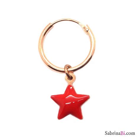 Mono Orecchino A Cerchio 1cm Argento 925 Oro Rosa Stella Smalto Rosso