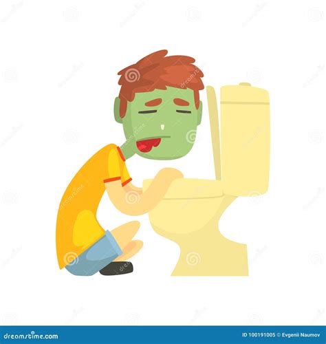 Sick Boy Vomiting Into The Toilet Bowl Cartoon Character Vector