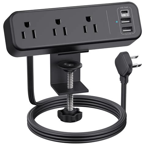 Outlet Desk Clamp Power Strip With Usb C Black Flat Plug Desktop