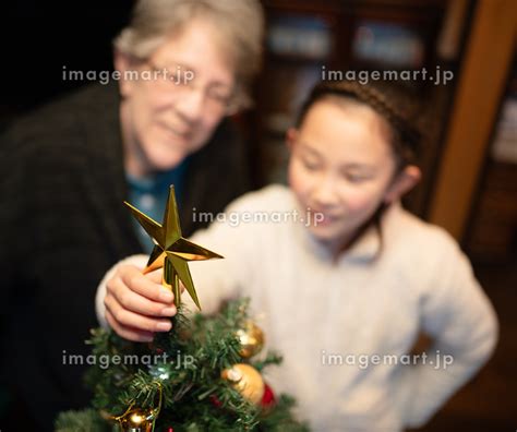 クリスマスツリーの飾りつけをするお婆さんと孫娘の写真素材 [239649498] イメージマート