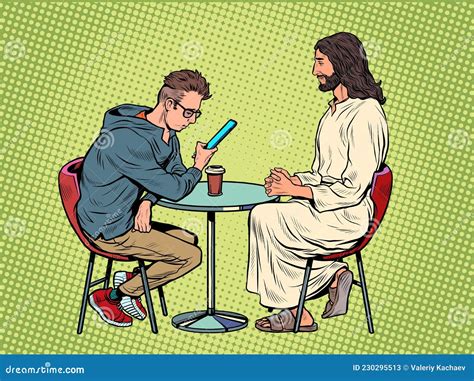 Jesus Te Espera Salvador Y Hombre Ocupado En La Mesa Cristianismo Y