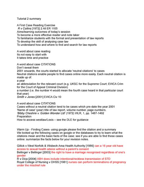 Tutorial 1 Summary Law Tutorial 2 Summary A First Case Reading