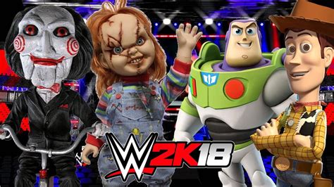 CHUCKY AND JIGSAW Vs WOODY AND BUZZ LIGHTYEAR WWE 2K18 Gameplay YouTube