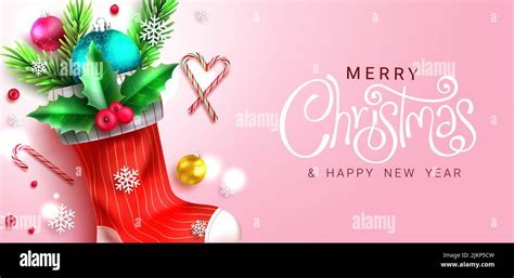 Christmas Holiday Greeting Vector Design Merry Christmas Text With Xmas Stockings In Stripes