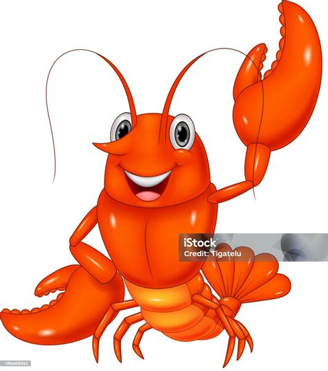 Kartun Lobster Melambai Di Latar Belakang Putih Ilustrasi Stok Unduh