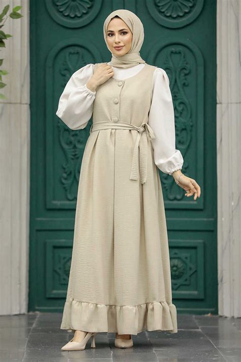 Neva Style Beige Hijab Turkish Dress 5913bej Neva