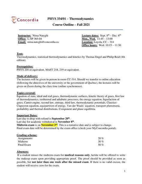 F21 Phys 334 Outline Outline Phys 33401 Thermodynamics Course