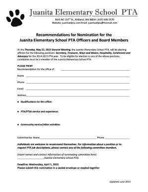 Fillable Online Recommendation For Nominations Form Juanita