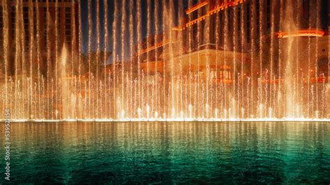 Las Vegas City Nightscape with red and green night water fountain ...