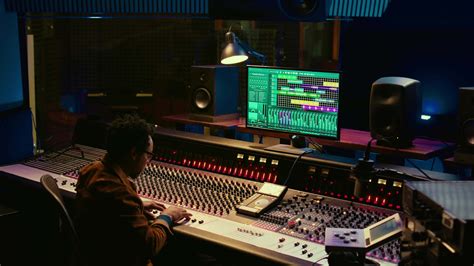 African american sound expert operates on audio console with moving