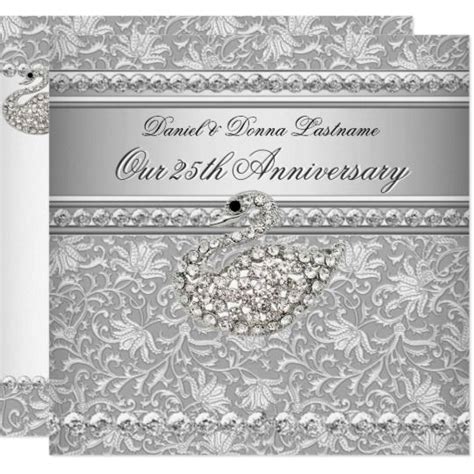 Elegant 25th Anniversary Silver Damask Swan 2 Invitation Zazzle