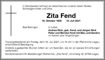 Traueranzeigen von Zita Fend Allgäuer Zeitung