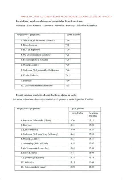 ROZKŁAD JAZDY AUTOBUSU SZKOLNEGO Niepubliczna Szkoła Podstawowa Mała