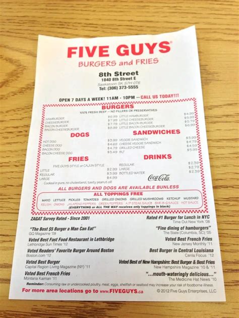 Five Guys Toppings Menu