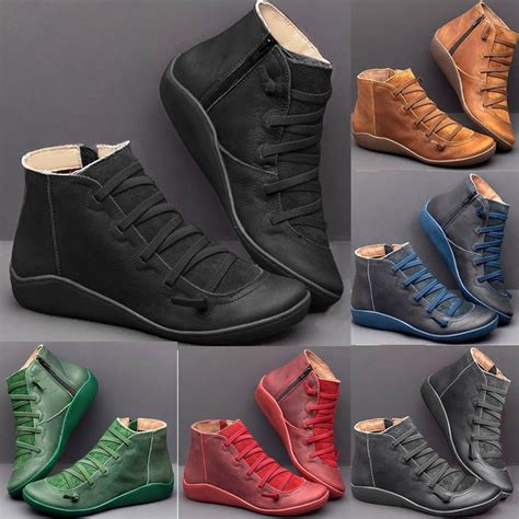 LIDYCE Women's Casual Flat Leather Retro Lace-Up Ankle Boots with Side ...