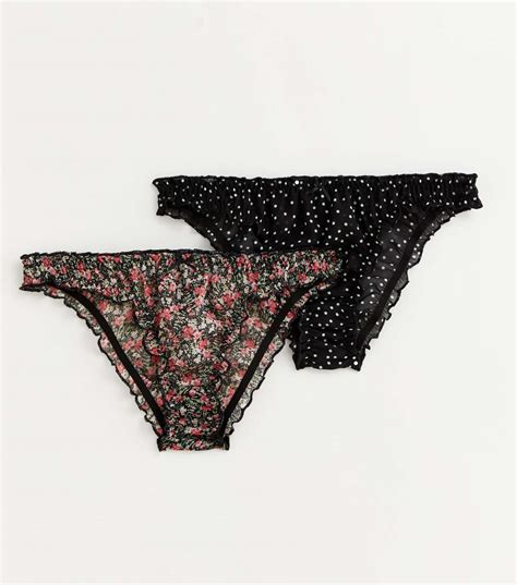 2 Pack Black Floral And Spot Bikini Briefs New Look