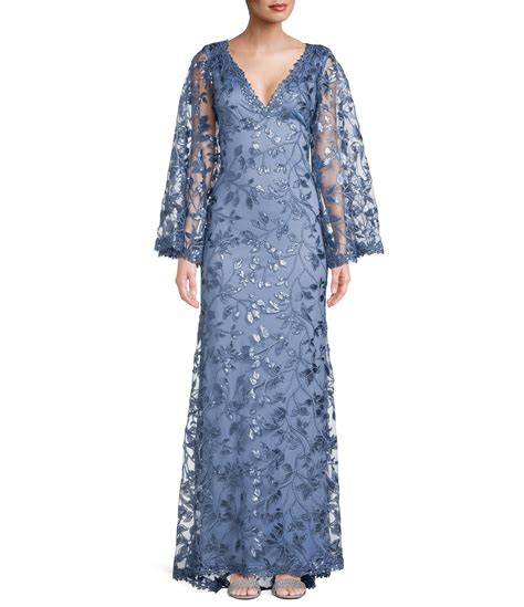 Tadashi Shoji Lace Sequin Long Bell Sleeve Deep V Neck Gown Dillard S