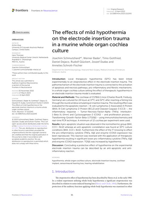 Pdf The Effects Of Mild Hypothermia On The Electrode Insertion Trauma