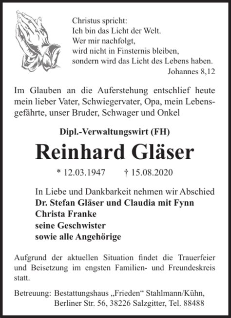 Traueranzeigen von Reinhard Gläser trauer38 de