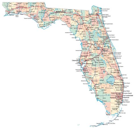 Large administrative map of Florida state with roads, highways and ...