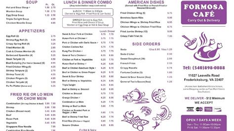 Menu at Formosa Cafe, Fredericksburg, Leavells Rd