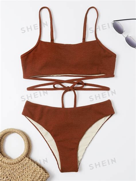 SHEIN Swim Strukturierter Bikini Set für den Sommer mit Criss Cross