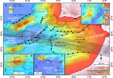 (A) Bathymetric map of the Horseshoe Abyssal Plain and Gulf of Cadiz,... | Download Scientific ...