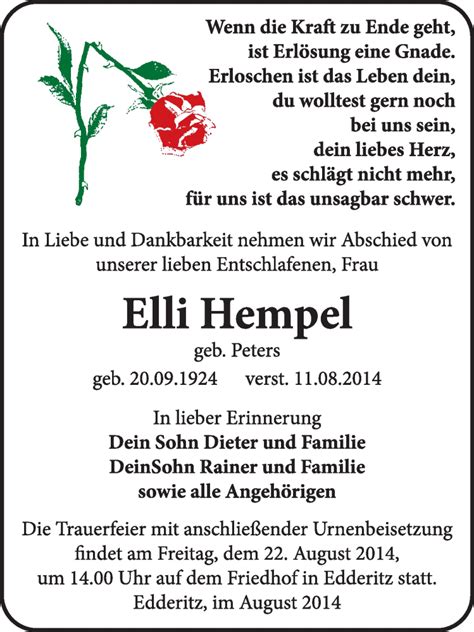 Traueranzeigen Von Elli Hempel Abschied Nehmen De