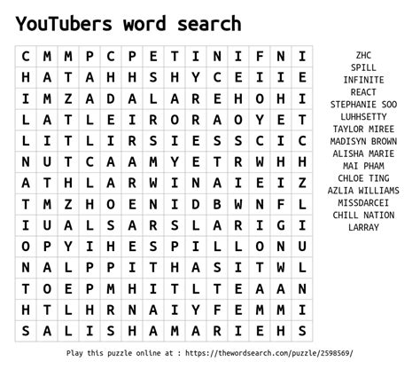 Download Word Search On Youtubers Word Search