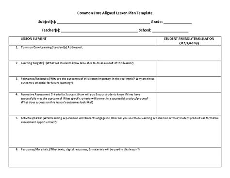 Common Core Lesson Plan Template Pdfsimpli