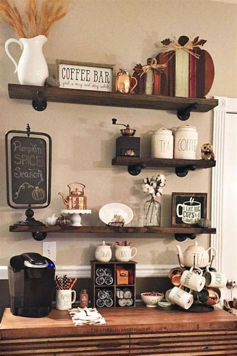 A Coffee Bar With Two Shelves Filled With Cups And Mugs On Top Of It