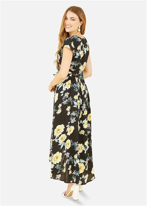 Mela Black Floral Print Dipped Hem Midi Wrap Dress Matalan