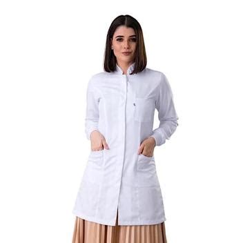 Jaleco Feminino Gabardine Branco Manga Longa Gola Padre Punho De Malha