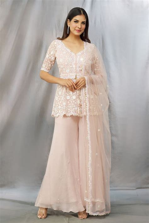 Buy Peach Organza Embroidered Kashmiri Aari V Neck Kurta Sharara Set