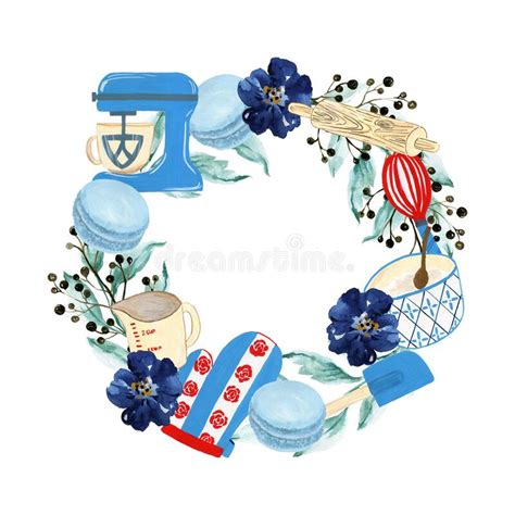 Kitchen Baking Mixer Wreath On White Background Blue Set Color Bright