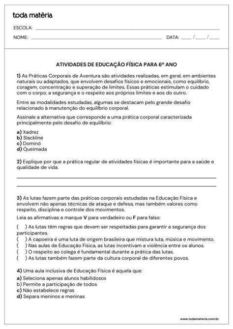 Atividades de educação física para 6º ano (prontas para imprimir ...