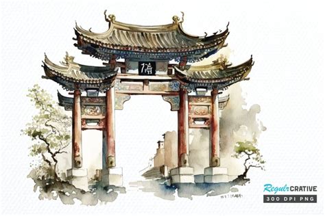 Watercolor Chinese Gate PNG Clipart