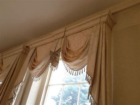 Swags and tails with fabric covered moulded pelmet boards | Custom window treatments, Window ...