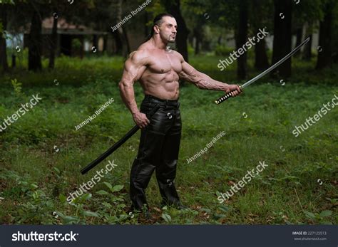 Portrait Muscular Ancient Warrior Sword Standing Stock Photo 227125513